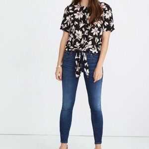 Madewell 100% Silk Button Back Tie Tee Size S Winter Orchid Floral Top Blouse